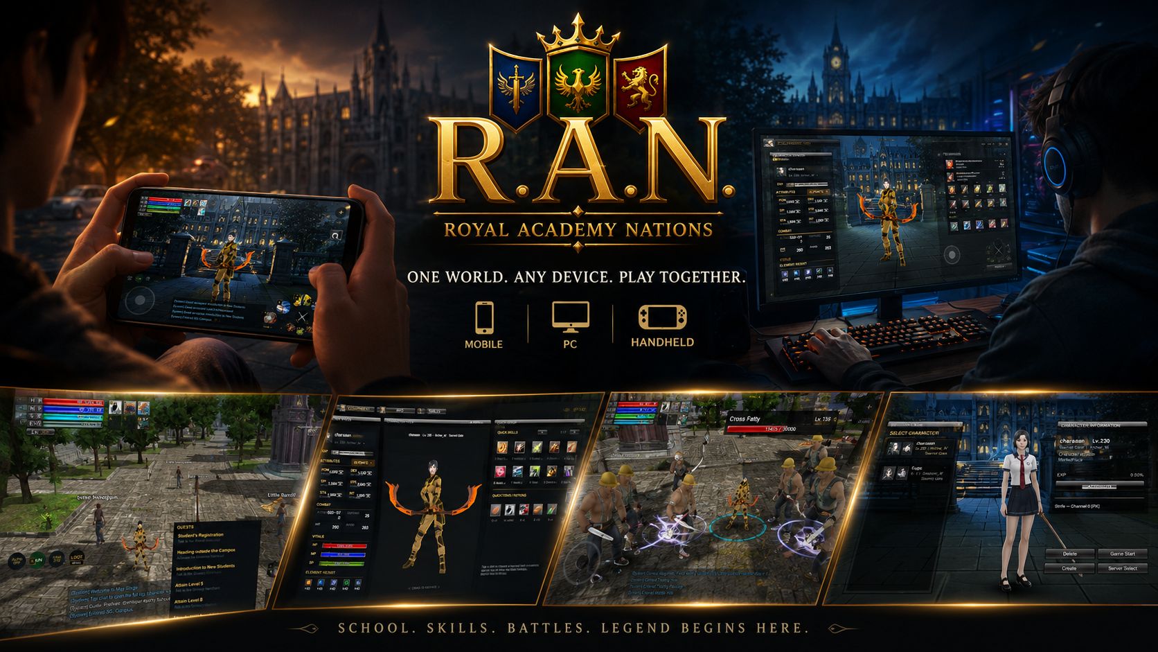 RAN character art alongside campus exploration and character-menu screenshots
